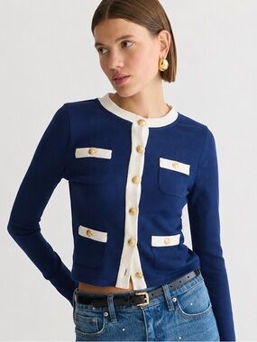 J.Crew Vintage Rib Lady Jacket Cardigan L Dark Evening Blue Gold Buttons